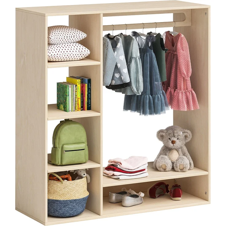 Bellabino 'Tea' Kindergarderobe, natur unbehandelt, Sperrholz Birke, 114x40x105 cm, Kinderkleiderschrank mit Kleiderstange und 6 Ablagefächern – Bild 1
