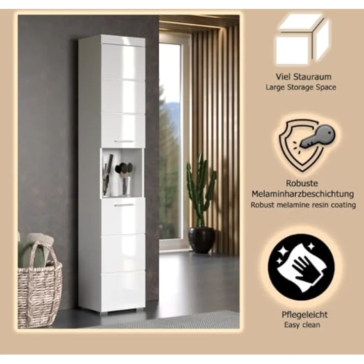 Trendteam 'Amanda' Hochschrank, Holz, Weiß Hochglanz, 190 x 31 x 37 cm – Bild 9
