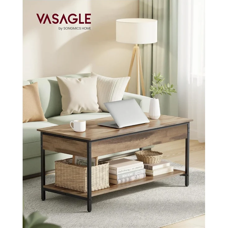 VASAGLE Couchtisch, höhenverstellbar, mit offenem Fach und versteckten Fächern, Holz/Metall Kamelbraun-tintenschwarz, 50x100 cm – Bild 2