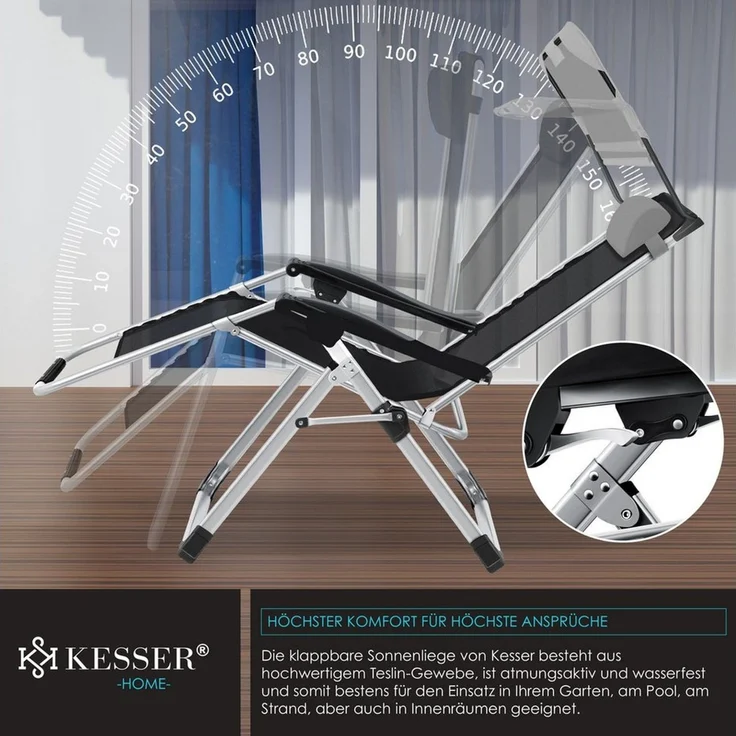 KESSER® Sonnenliege Liegestuhl, klappbare Gartenliege extra breit & Wetterfest, Belastbar 200kg, Ergonomisches Polster, verstellbare Rückenlehne inkl. Nackenkissen, Getränkehalter & Armpolster Grau, Liege (Mit Sonnendach) – Bild 2