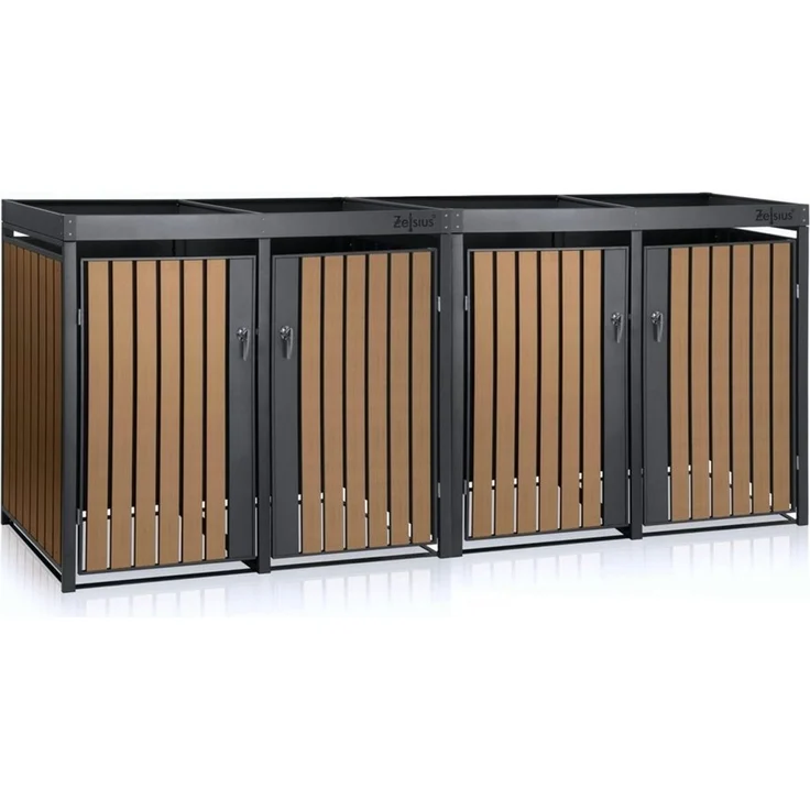 Zelsius Mülltonnenbox mit Pflanzdach für 4 Tonnen, 120 - 240 Liter, Verzinkter Stahl / Holzoptik RAL 7016, 264x80x124 cm – Bild 1