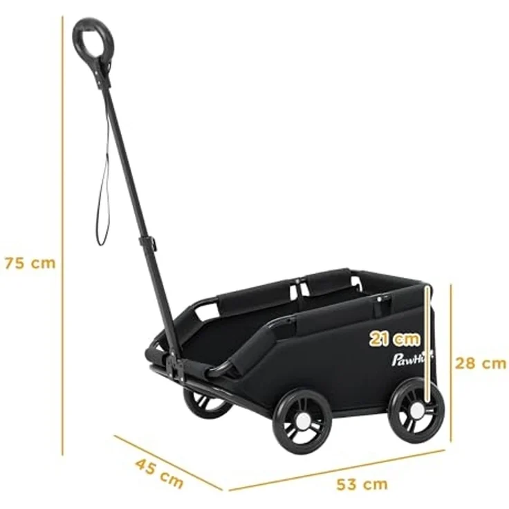 PawHut Hundebuggy klappbarer Hundewagen für Zwergenhunde bis zu 4 kg, (Katzenbuggy, 1-tlg), mit Griffstange, waschbarem Kissen, Sicherheitsleinen, Räder, Schwarz – Bild 3