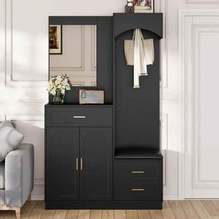 DESVIAE Garderobenschrank mit Spiegel und Schuhbank 110x185,5x33 cm MDF Schwarz