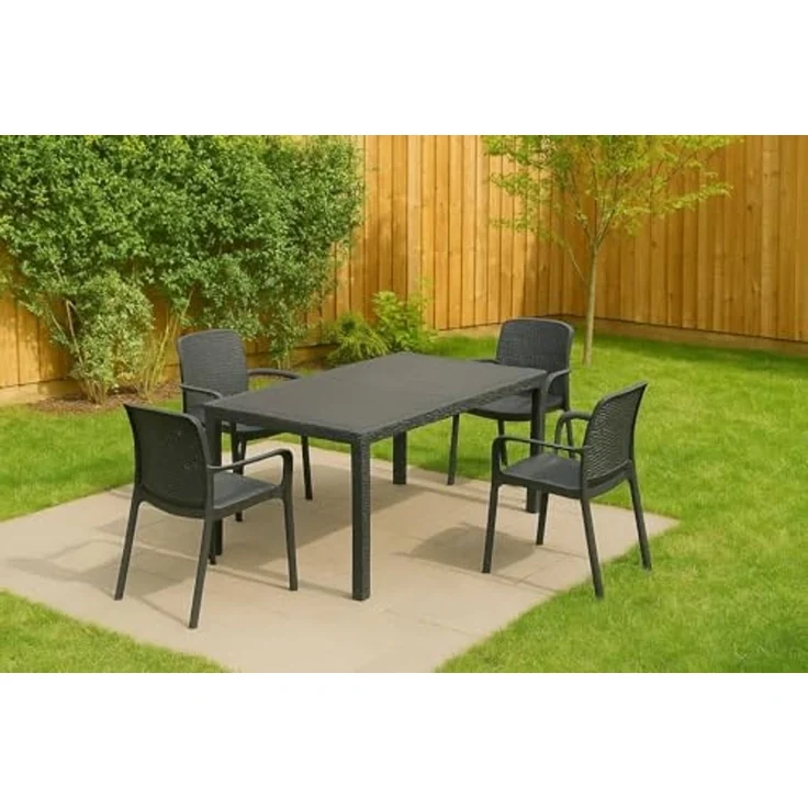 Dmora - Outdoor Lounge Set Tarquinia, Outdoor und Indoor Lounge Set, Feststehender rechteckiger Tisch mit 4 stapelbaren Stühlen, Made in Italy, Anthrazit – Bild 2