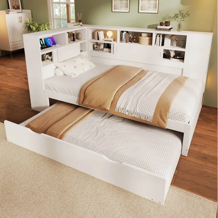 CHICFURN Bett 90x200 cm aus MDF und Spanplatte Weiß mit Ausziehbett, Stauraum und USB-Anschluss