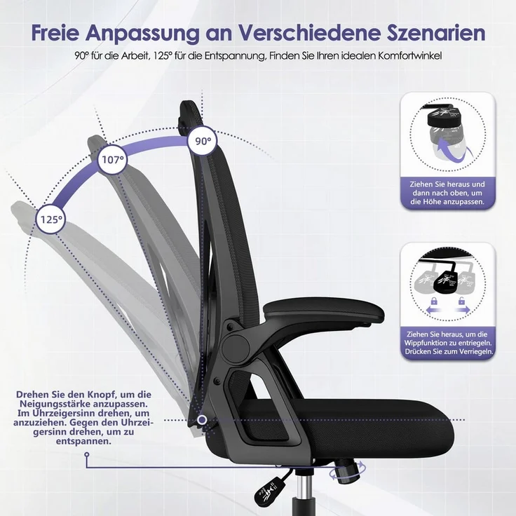 Adormii Bürostuhl Ergonomischer Bürostuhl mit klappbaren Armlehnen und Rückenlehnen (Drehstuhl mit Drehbare, höhenverstellbarer Kopfstütze, geräuscharme Rollen, 90°-135° Wippfunktion Bürostuhl, belastbar bis 150kg, Netz atmungsaktiv, Chefsessel), Leise... – Bild 3