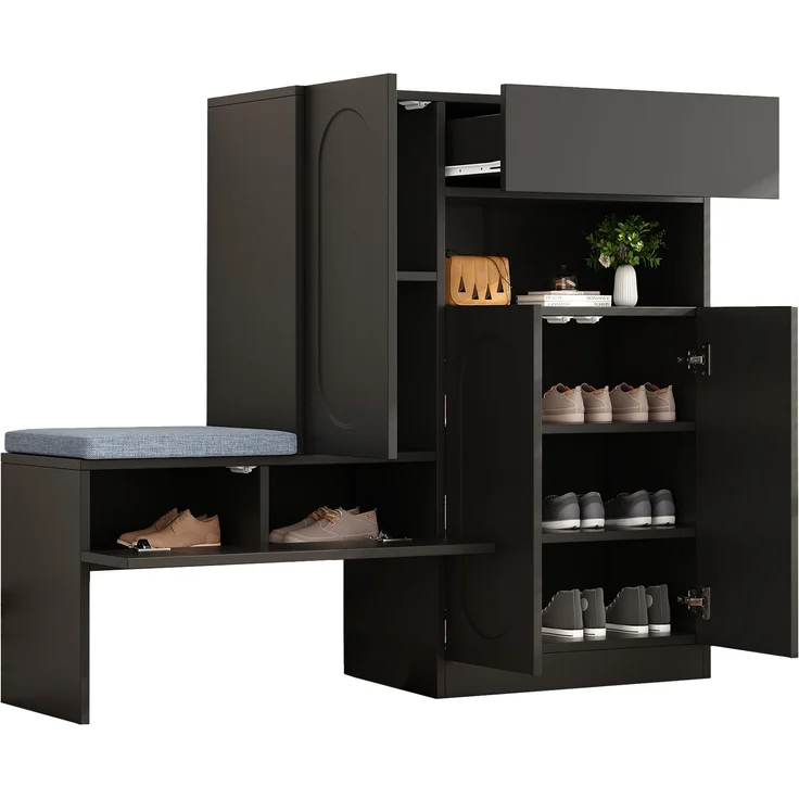 Moderner 2-in-1 Schuhschrank mit Sitzbank Schwarz höhenverstellbare Böden Schuhorganizer für Flur Aufbewahrungsbank mit Sanftschließmechanismus Kippsicherung 130 cm Breite Schuhregal mit Sitzauflage, 130cmx35cmx110cm – Bild 7