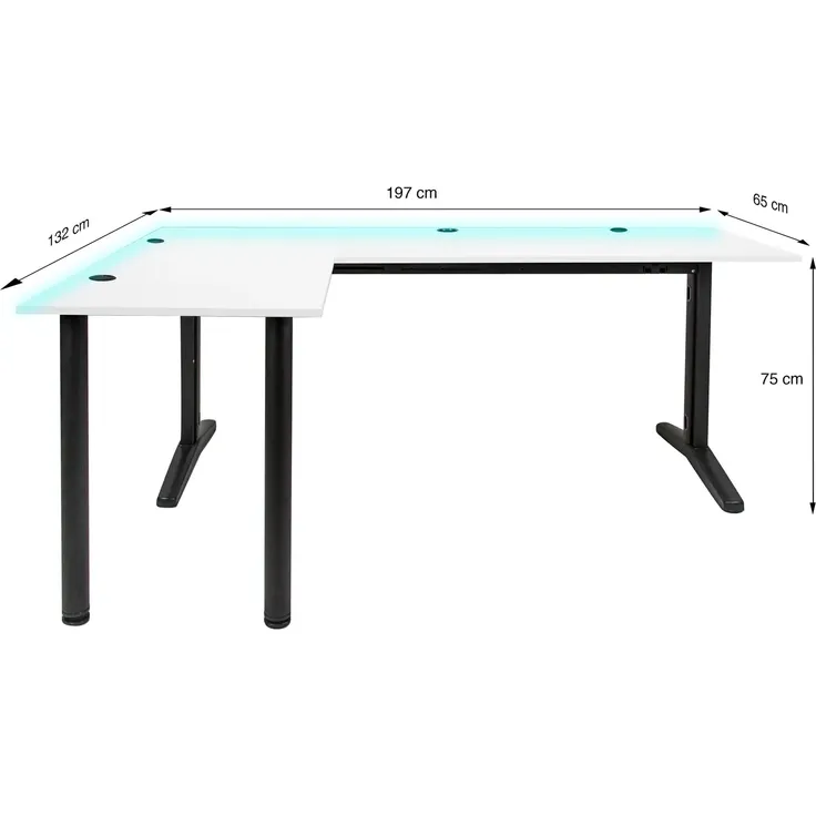 SyberDesk Gaming Eckschreibtisch V2 LED, 197 x 132 cm, RGB Gaming Tisch L-Form, USB-HUB, Kabelmanagement, L-förmiger Computertisch, (links, Weiß) – Bild 3