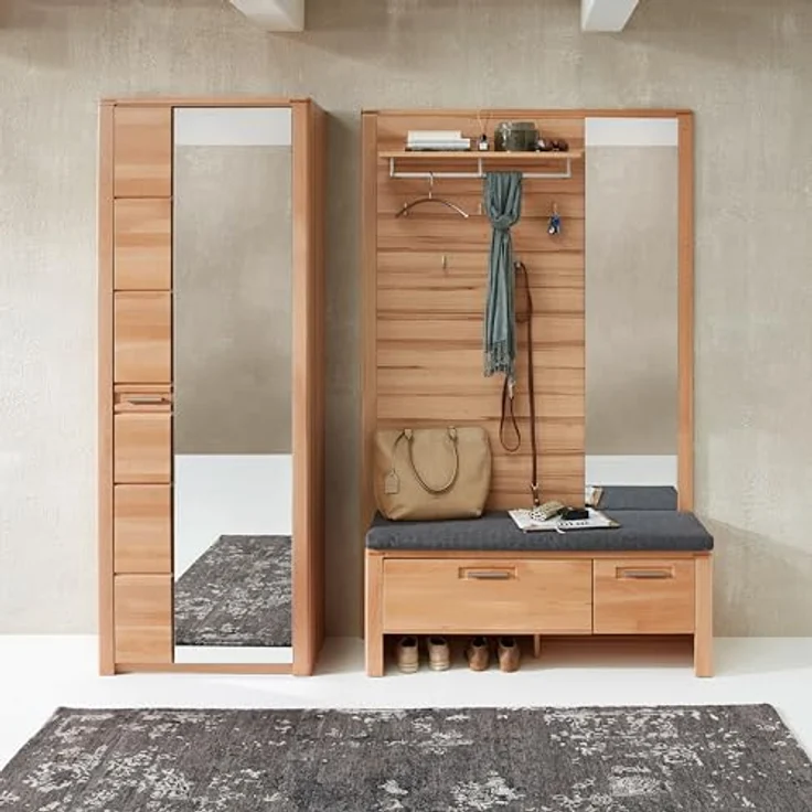 Stella Trading Nature ONE Flurgarderoben Set in Kernbuche Teil-massiv FSC-Zertifiziert - Modernes Garderobenset 3-teilig für Ihren Eingangsbereich - 209 x 201 x 40 cm (B/H/T) – Bild 3