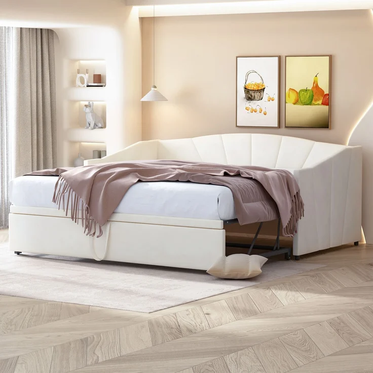 Polsterbett Ausziehbett 90/180x200 cm in Beige, Samtbezug, mit Lattenrost, Matratze nicht enthalten – Bild 2