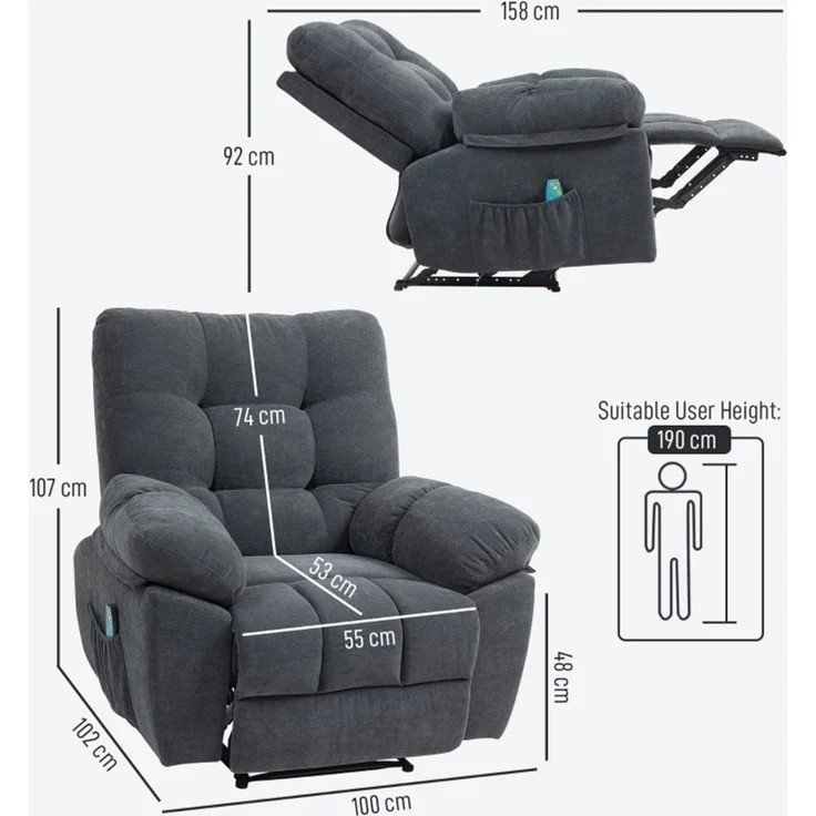 Massagesessel mit Liegefunktion, dunkelgrau, 8 Vibrationspunkten und Lendenheizung,107x102x100 cm – Bild 4