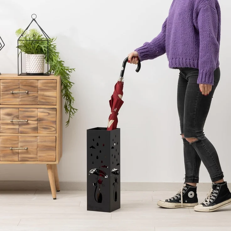 Baroni Home Schirmständer in modernem Design aus Metall mit Cat and Rain-Schnitzerei - Schwarz Schirmständer mit Haken und herausnehmbarer Auffangschale für Heim- und Bürodekoration 15,5 x 15 x 49 cm – Bild 7