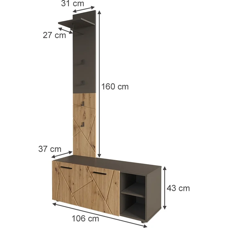Garderobe Irma Anthrazit/Artisan 106 x 43 cm Set mit Schuhschrank und Garderobenpaneel Vicco – Bild 2