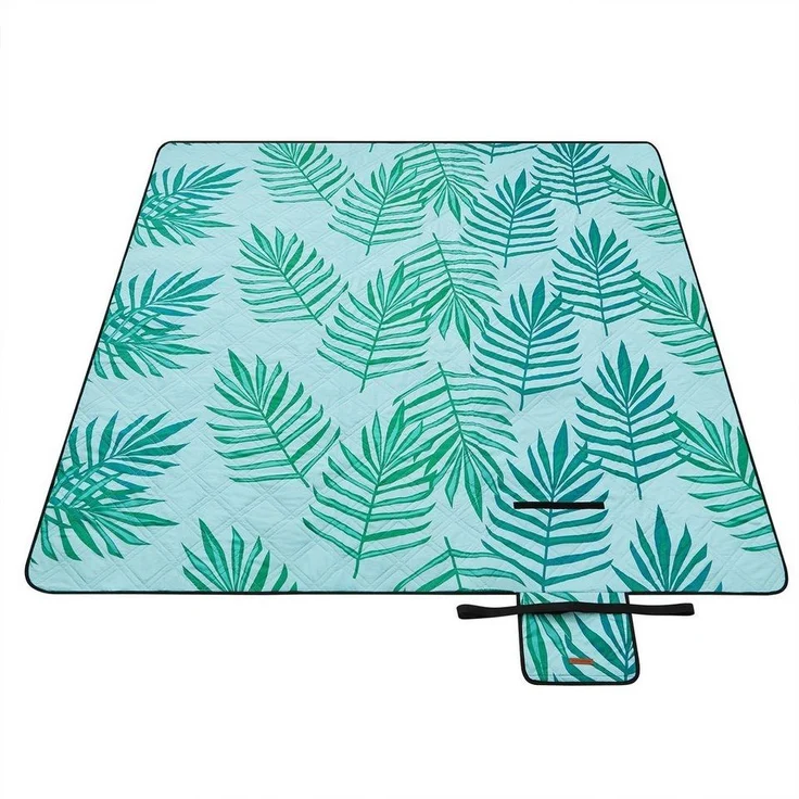Songmics Picknickdecke, wasserdicht, maschinenwaschbar & faltbar, Polyester, hellblau mit tropischem Farn, 200 x 200 cm – Bild 1
