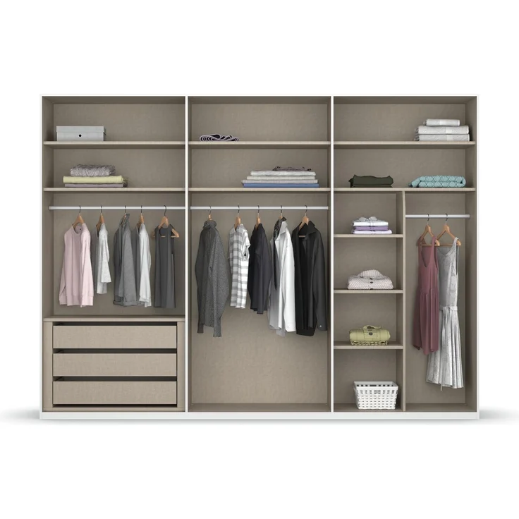rauch Montclar Kleiderschrank 6-türig, mit 9 Einlegeböden, 3 Kleiderstangen, 1 Schubkasteneinsatz, 1 Inneneinteilung, 1 Innenspiegel, 1 Krawattenhalter, Farbe Weiß, BxHxT 301x223x60 cm – Bild 5