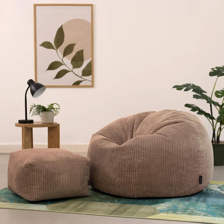 Icon Kingston Sitzsack mit Hocker Cord, Mokkabraun, Sitzsack Erwachsene mit Füllung, Bean Bag, Cord Sessel, Lounge Sessel, Lounge Stuhl, Schlafzimmer, Wohnzimmer, Wohnzimmer Möbel – Bild 4