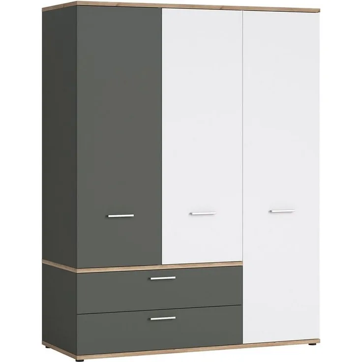 Kleiderschrank 3-türig in Eiche Nb. mit weiß und grau TOMAR-129, B/H/T ca. 150/196/60 cm