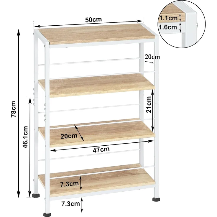 WOLTU Regal, Nischenregal mit 4 Ebenen, Küchenregal Gewürzregal stehend, Standregal Leiterregal schmal, für Küche Wohnzimmer, Holzwerkstoff Metall, Weiß Helle Eiche, 50 x 78 x 20 cm, RGB52whe – Bild 3