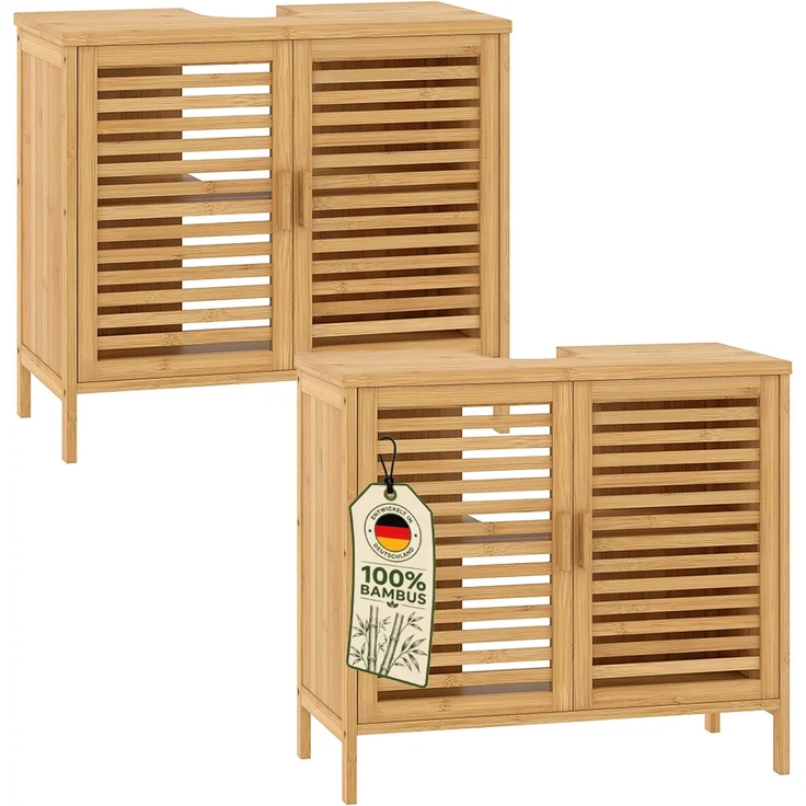 Bellamio 'Newa' Badezimmer Waschbeckenunterschrank, Bambus, natur, 60x33x65 cm, Badezimmerschrank mit 2 Ablagefächern, 2er-Set – Bild 1