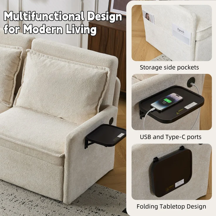 Schlafsofa mit teilbarer Sitzfläche, Chenille in Beige, verstellbarer Rückenlehne und USB/Type-C-Anschluss,95 x 172.5 x 71 cm – Bild 8