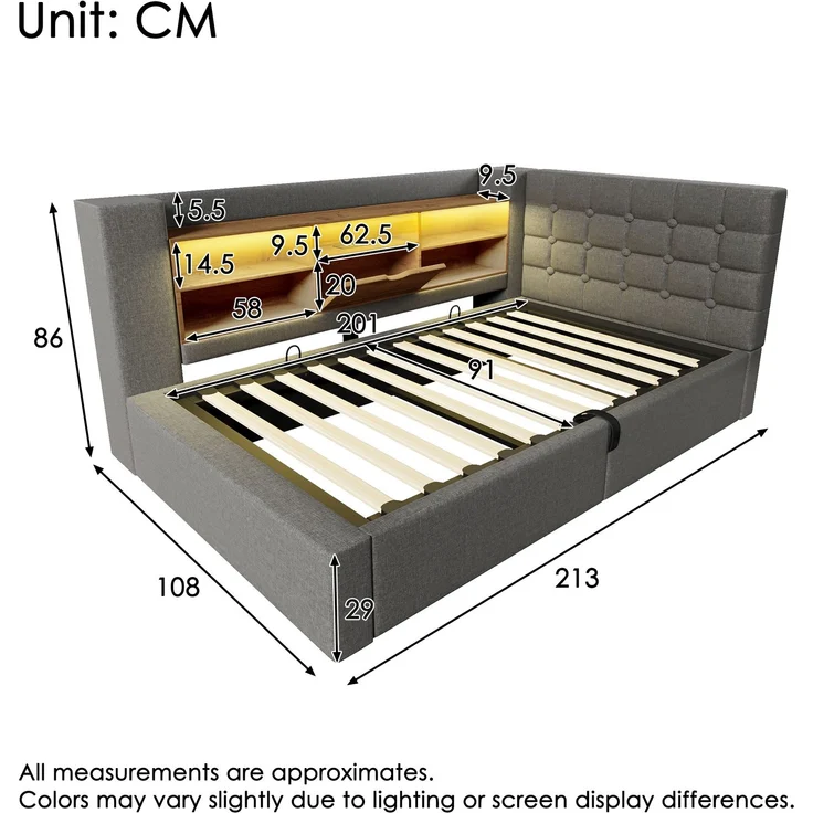 Polsterbett 90x200 cm Einzelbett mit LED-Beleuchtung, hydraulischem Stauraum, L-förmigem Kopfteil mit Stauraum, beidseitig montierbar, Grau – Bild 7