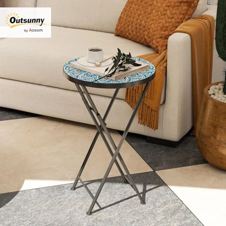 Outsunny Gartentisch mit Mosaik-Design, Ø35,5 x 55 cm, Rund, wetterfest, aus Metall (klappbar Balkontisch, 1-St, Beistelltisch), für Wohnzimmer, Büro, Outdoor, Indoor, Blau – Bild 2