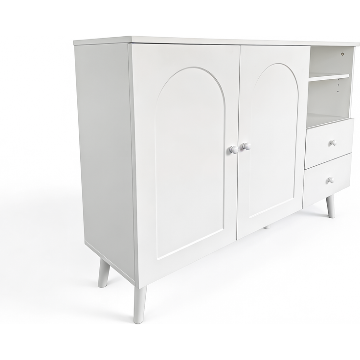 Merax Sideboard, gewölbte Türen, Holzgriffe, Holzfüße, mit 2 Türen, 2 Schubladen und 2offenem Fach, Mehrfachaufbewahrung, Weiß – Bild 7