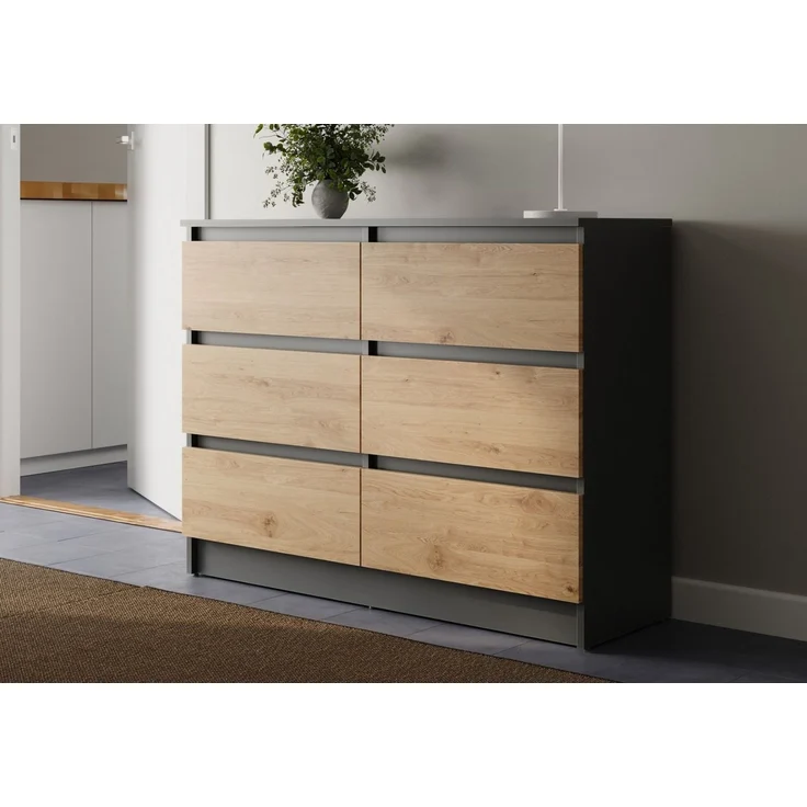 Home Collective Kommode mit 6 Schublade 80, 100, 120, 140 cm breit Holz Schrank (Highboard Anrichte Schlafzimmer Wohnzimmer Flur Büro Organizer), Kommode 120 cm breit Kommode Sideboard, Anthrazit mix Artisan-Eiche – Bild 5