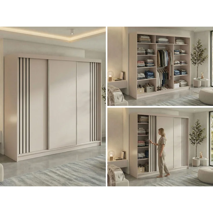 Schwebetürenschrank NAURU mit Lamellen-Optik, moderner Kleiderschrank, Breite 240 cm, inkl. Innenausstattung & Stauraum, Akustikpaneel-Design - Kaschmir und Schwarz – Bild 2