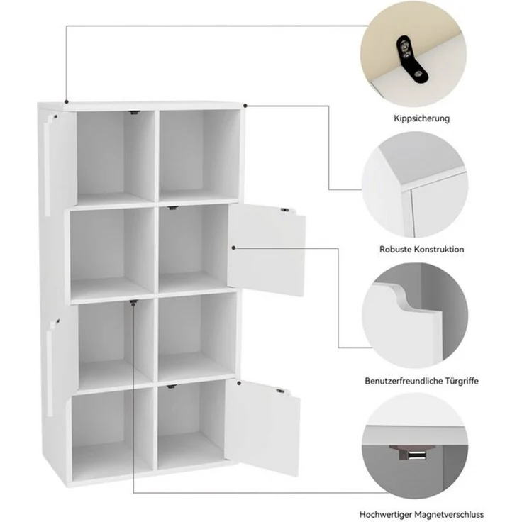 oyajia Bücherregal Bücherschrank 112cm für Wohnzimmer Home Office, 8 Fächer mit 4 Türen, Standregale, für Wohnzimmer, Büro, Weiß – Bild 4