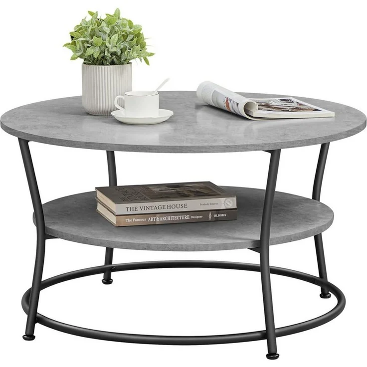 Vasagle Couchtisch rund, Wohnzimmertisch, Sofatisch mit Ablage, einfacher Aufbau, Metall, Industrie-Design, Betongrau-Tintenschwarz – Bild 5