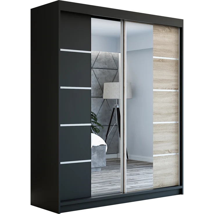 Schwebetürenschrank ERA 2-türig Schrank 160 cm (mit Spiegel) Farbe: Schwarz , sonoma – Bild 1