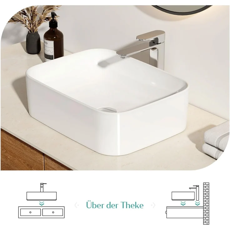 EMKE Waschbecken Aufsatzwaschbecken 50 x 38 x 15 cm, Handwaschbecken für Badezimmer & Gäste WC, Waschtisch Klein Waschbecken Bad Waschschalen Eckig Keramikwaschbecken Weiß – Bild 2