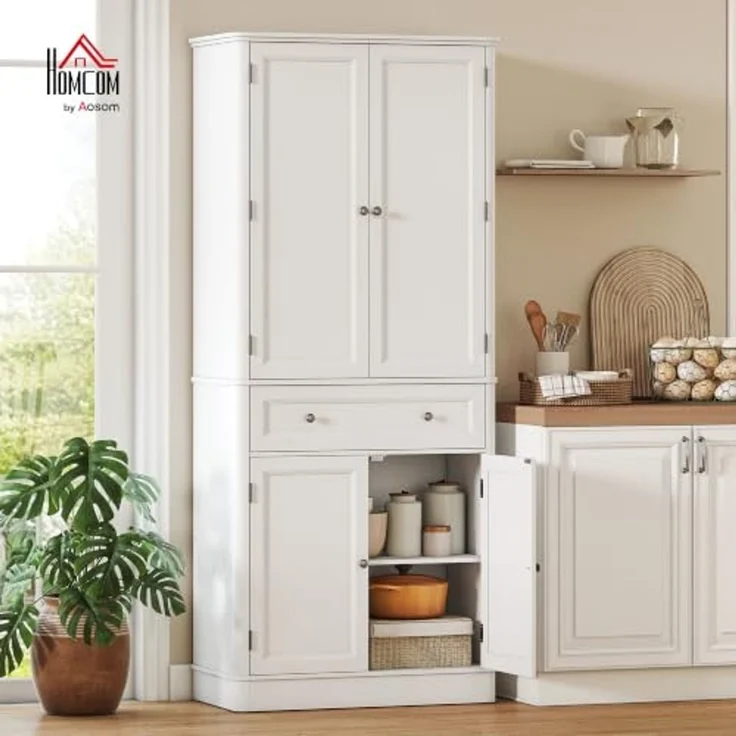HOMCOM Hochschrank Buffetschrank mit 4 Türen, Schublade, verstellbaren Einlegeböden (Küchenschrank, 1-St, Vorratsschrank) für Küche, Esszimmer, Wohnzimmer Weiß, 80 x 39,5 x 186,4 cm – Bild 2