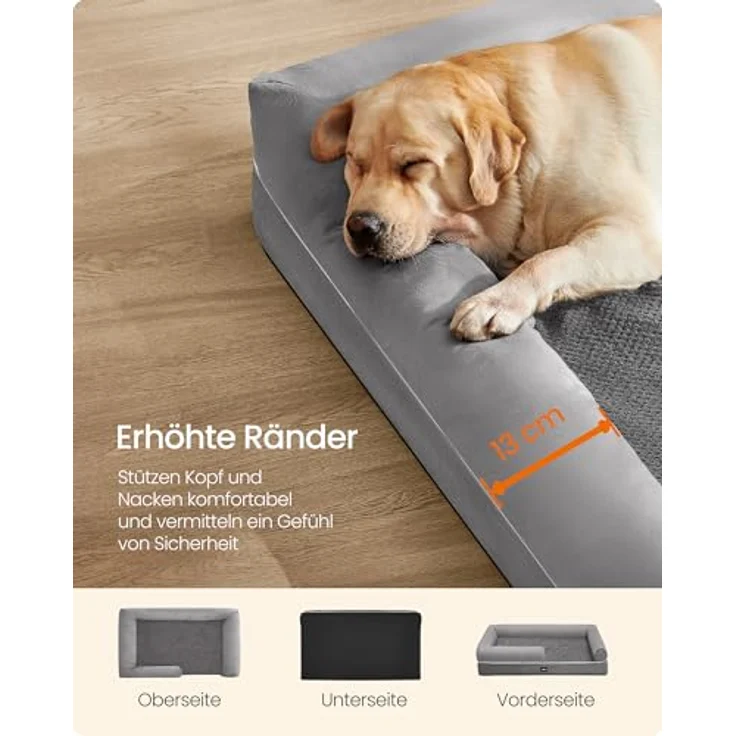 Feandrea Orthopädisches Hundebett, Hundekissen, Hundekorb, weiche Polsterung, Hundesofa, erhöhte Ränder, Bezug abnehmbar und waschbar, 135 x 107 x 25 cm, rutschfeste Unterseite, hellgrau PGW079G02 – Bild 5