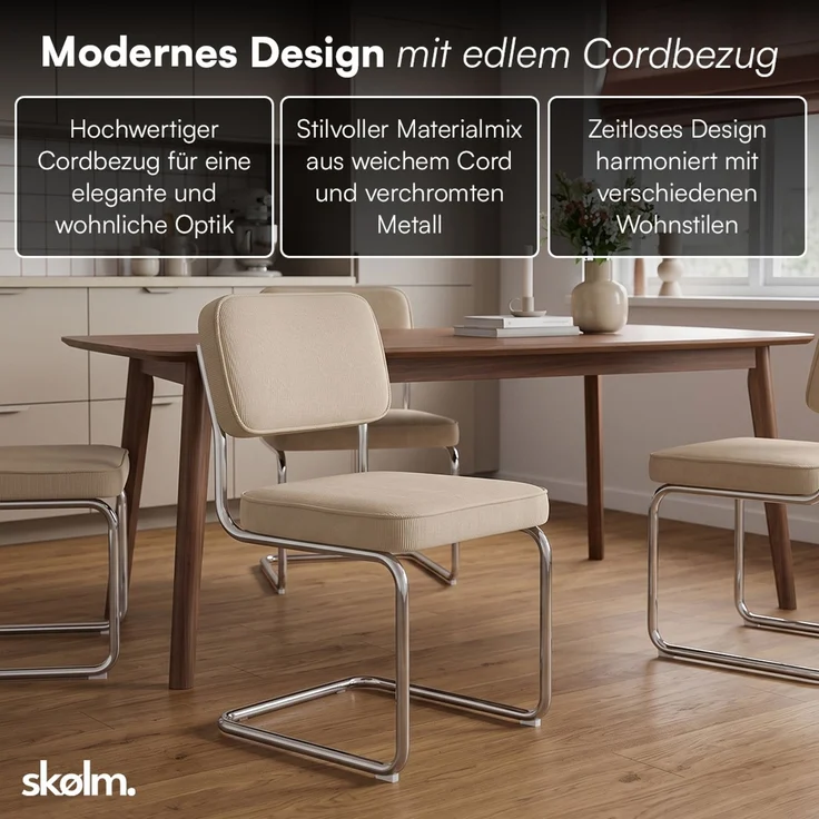 skølm 'Thund' Esszimmerstühle 2er Set, beige, Polsterstuhl aus Cord mit verchromten Metallgestell, Schwingstuhl bis 120 kg belastbar – Bild 2