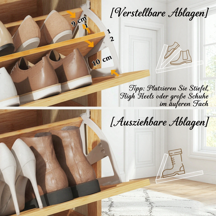 ZUBALIYA Schuhschrank (69 x 29 x 83 cm), Verstellbare Einlegeböden, Herausnehmbare Einlegeböden, Aus Bambus, Naturfarben – Bild 4