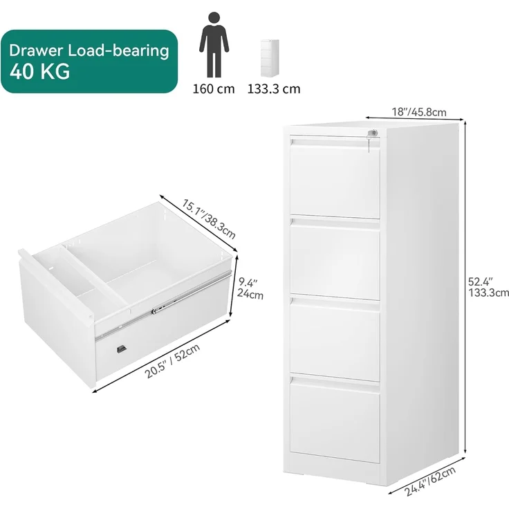 YITAHOME Aktenschrank mit 4 Abschließbaren Schubladen, Kippsicherer Rollender Aktenschrank mit Rädern für das Büro zu Hause, Unter-Pult-Aktenschränke, weiß, 62 x 45.8 x 133 cm – Bild 3