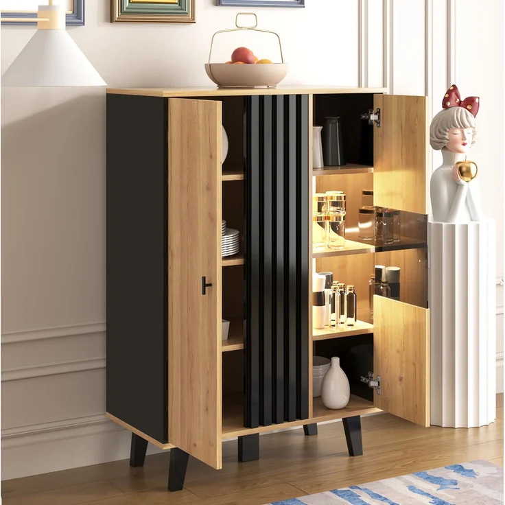 DESVIAE Vitrine mit Glastüren und LED-Beleuchtung, 80x120x40 cm, Spanplatte, Schwarz und Holzoptik – Bild 6