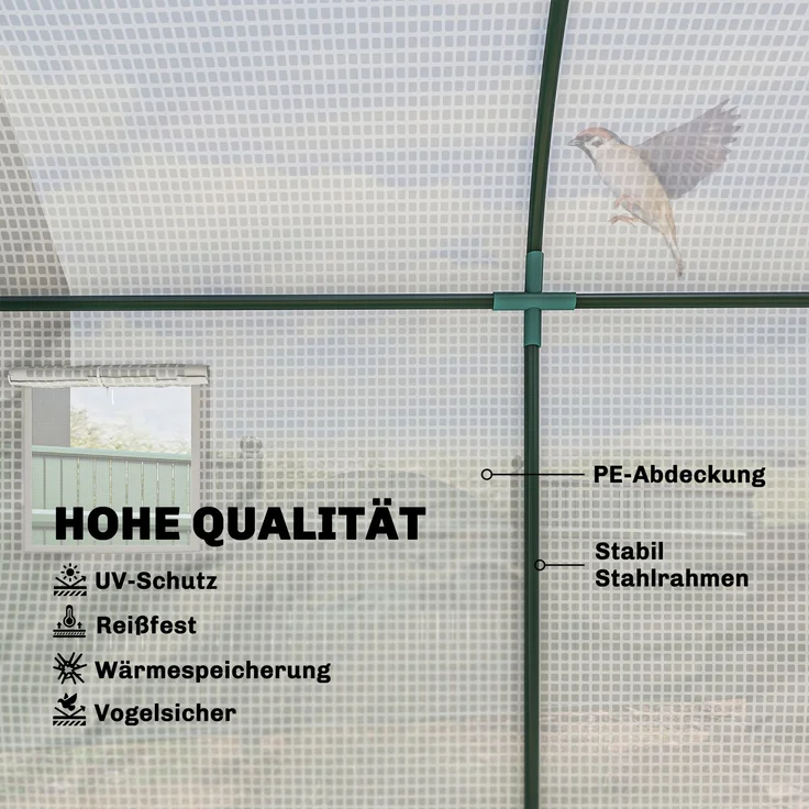 MELAYR, Gewächshaus mit Fernster, Tür, Foliengewächshaus aus Stahl, 300x100x200cm, Weiß – Bild 6