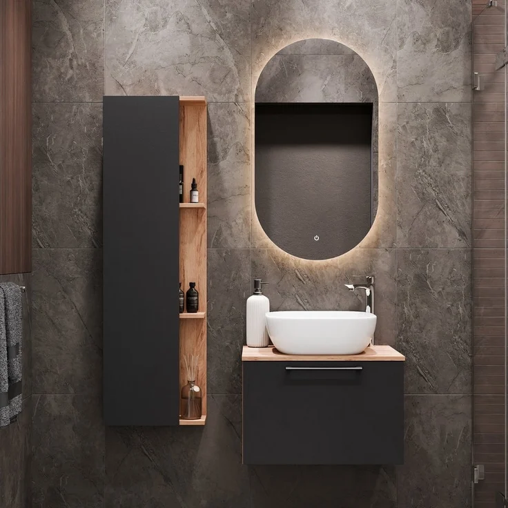 Planetmöbel Badmöbel-Set Astra, (Badezimmer Möbel im modernen Design, 4-St), Waschtisch und Waschbecken weiß mit Spiegel & 1x Seitenschrank – Bild 2