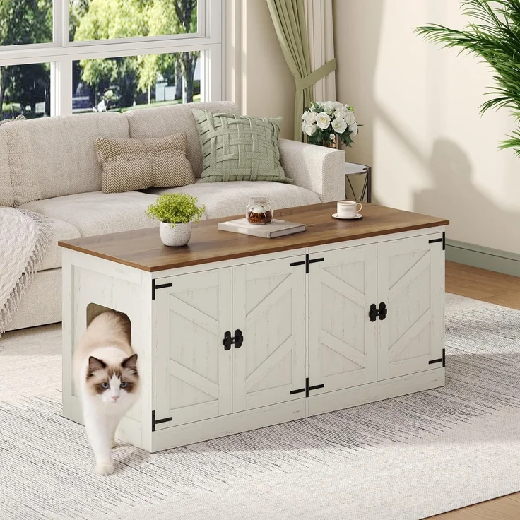 Katzenschrank für 2 Katzen, Bauernhausstil, für den Innenbereich, Holz/Stahl Vintagebraun-Weiß, 120 x 50 x 54 cm – Bild 7