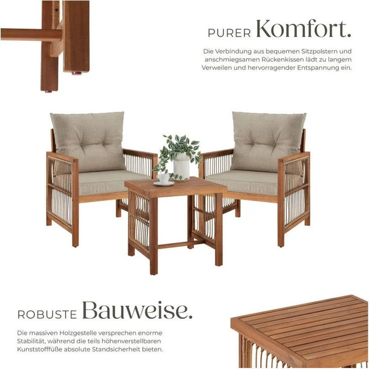 tectake Essgruppe Lounge-Set Eivissa, belastbar und wetterfest mit XXL-Polsterung, (Set, 3-tlg), Stabile Gestelle aus massivem Akazienholz – Bild 2