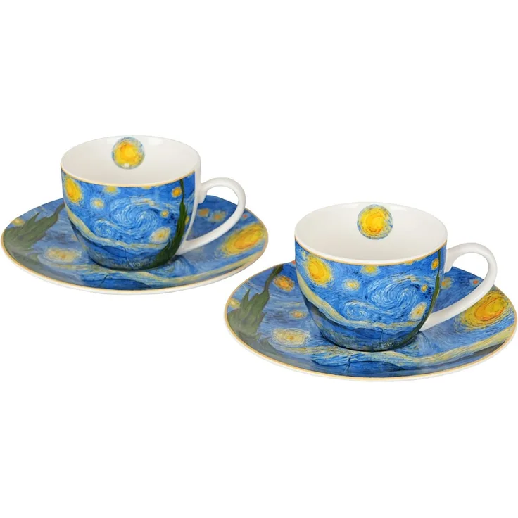 DUO ART GALLERY 2er-Set Espressotasse mit Untertasse STARRY NIGHT inspired by Van Gogh, New Bone China Porzellan