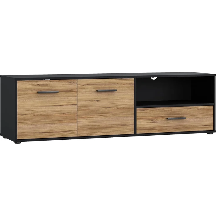 Forte MOKKARO TV-Unterschrank L 160, Lowboard mit Schublade und 2 Schranktüren, Holzwerkstoff, Mauvella Eiche Dekor/Schwarz, 159,4 cm breit, 46,5 cm hoch, 42 cm tief – Bild 3
