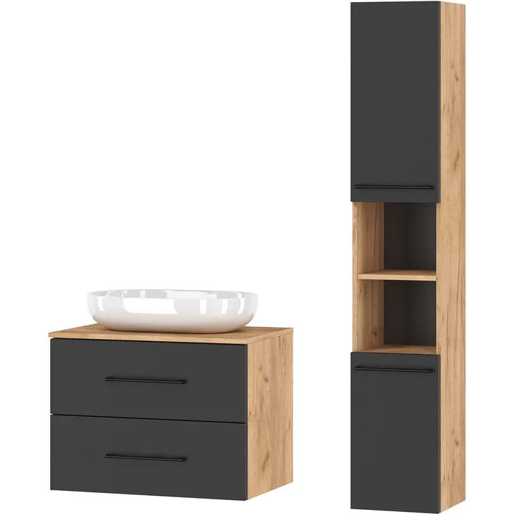 Planetmöbel Badmöbel Komplettset Badmöbel Komplettset 4-teilig 70cm mit Aufsatzwaschbecken und Hochschrank, in den Farben Gold Eiche/Anthrazit