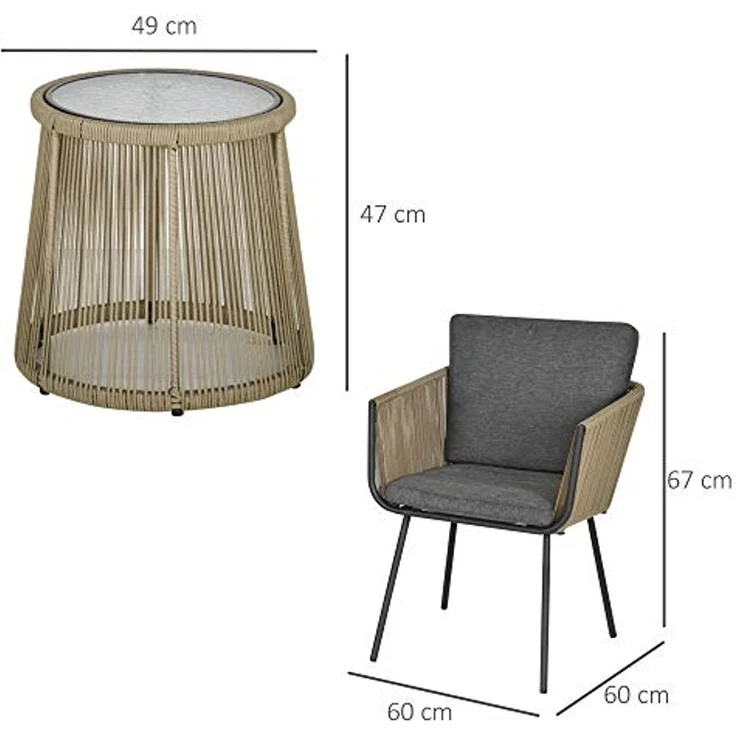 Outsunny Gartenlounge-Set Rattan Gartenmöbel-Set mit 2 Gartenstühle, Beistelltisch, (Sitzgruppe, 3-tlg, Gartengarnitur), für Balkon, Stahl, Grau – Bild 7