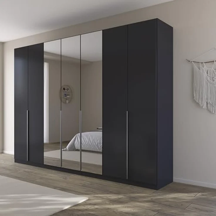 Rauch Möbel Alabama, Kleiderschrank für Schlafzimmer, Kinderzimmer, Wohnzimmer, Garderobe, Flur, 7-türig, Spiegel, mit Zubehör Premium, Farbe Grau metallic, Schwarz, Breite 315 cm – Bild 2