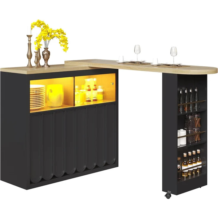 Merax Ausziehbarer Bartisch mit Stauraum(135-205×39×100cm) , Moderner Beweglicher Bar Table, Teleskopischer Bartisch mit LED, Stehtisch Bistrotisch, Schwarz – Bild 10