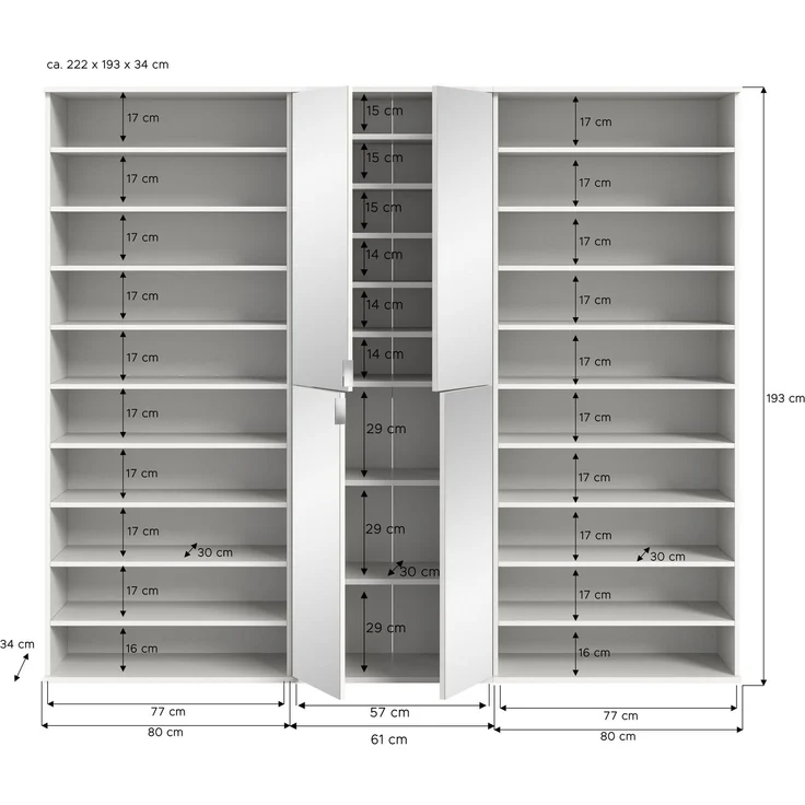 Garderobenschrank Weiß Hochglanz, 222x193x34 cm, Spiegelschrank – Bild 3